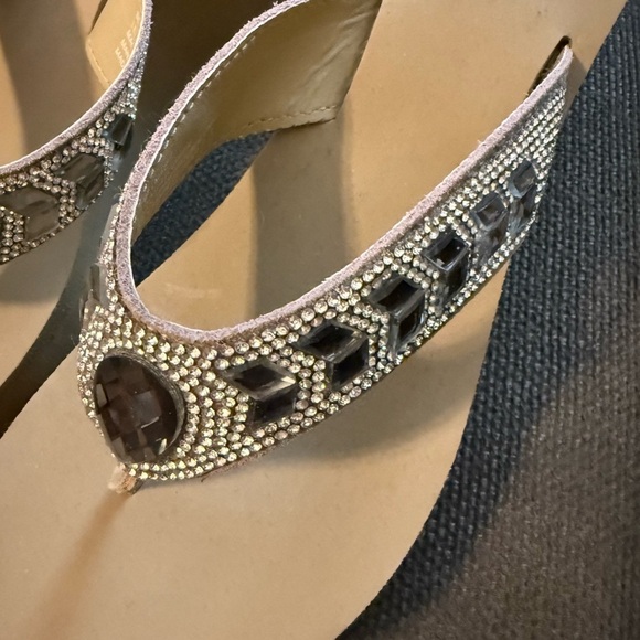 Yellow box sandals 7.5 beige with rhinestones / jewels wedge platform sandals - Picture 2 of 6